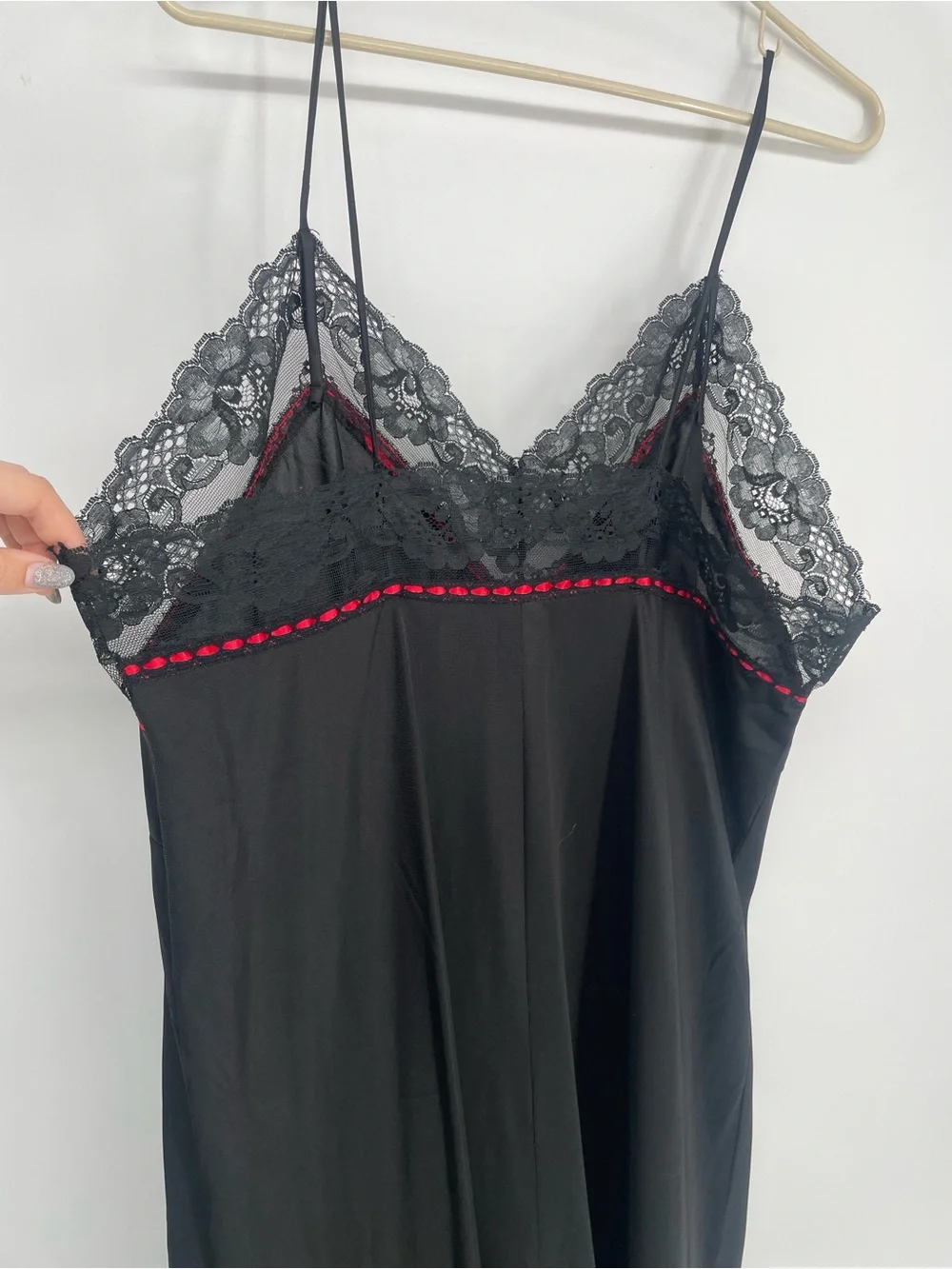 Vintage Black & Red Long Nylon Slip Nightgown Lace & Satin Ribbon Accents - Picture 9 of 13